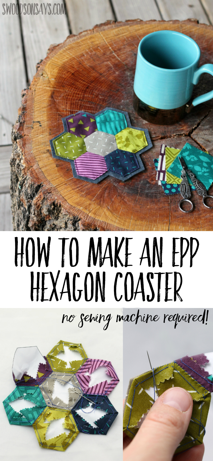 Use up your littlest scraps, sit down and take some quiet time to sew this english paper pieced hexagon coaster! No sewing machine required; it is easy to make in a single night and all hand stitched. Pair it with some tea for the perfect diy get well basket! Sponsored post with free tutorial. #epp #hexies #patchworkcoaster #sewing #sewingtutorial
