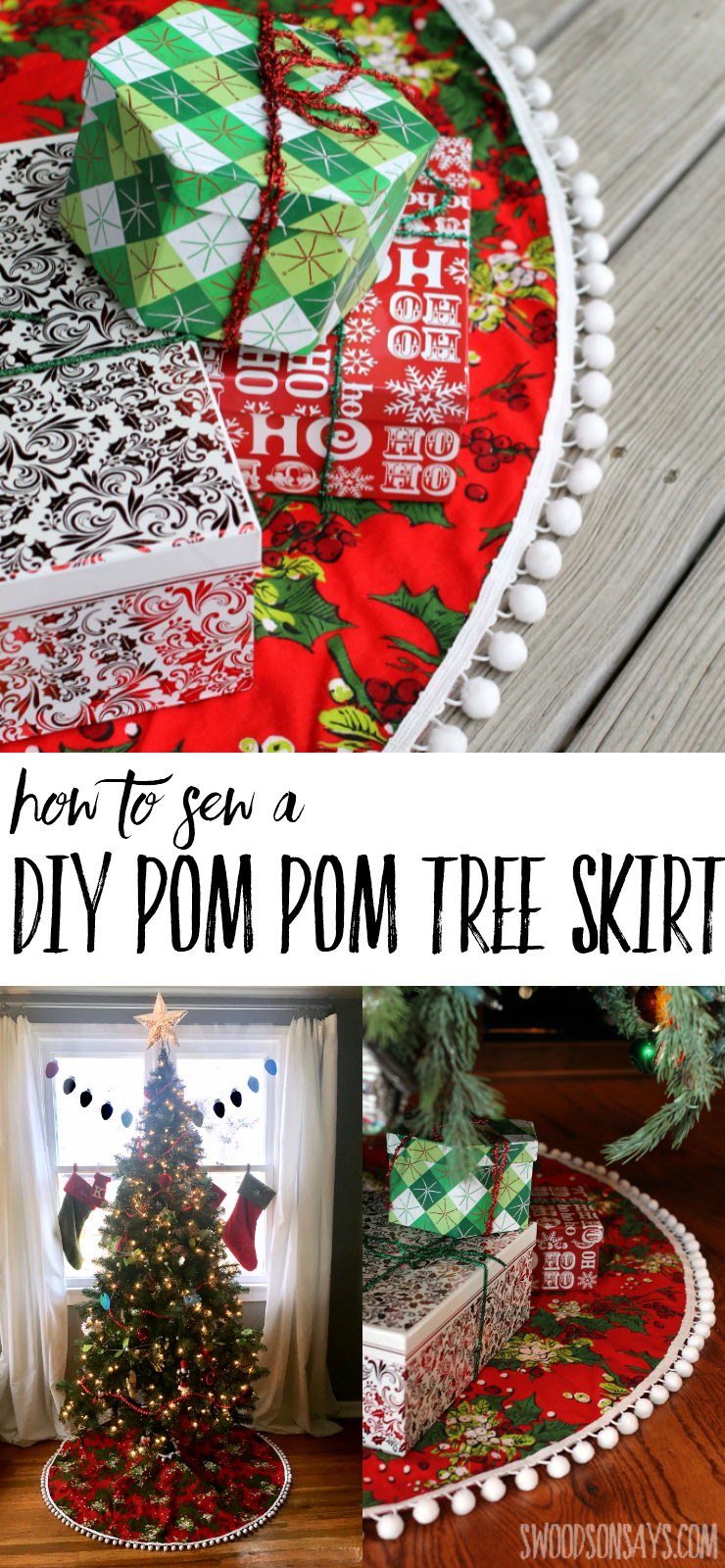  How To Sew a DIY Pom Pom Tree Skirt - fun Christmas sewing tutorial that is easy and fast to make. It isn't hard, learning how to make a tree skirt without a pattern. Pom pom Christmas decor is fun and modern! #christmas #christmasinjuly #christmassewing #christmastreeskirt #pompom #sewing #sewingtutorial