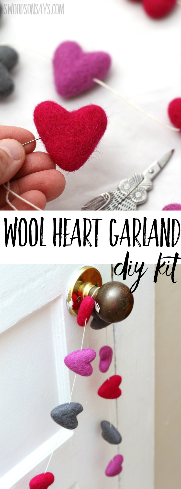 Simple Valentine's Day decor ideas can be beautiful, too! Check out this needle felted wool heart garland kit; it takes less than 10 minutes to make and you can choose your colors! #valentinesday #diyvalentine #valentinecraft