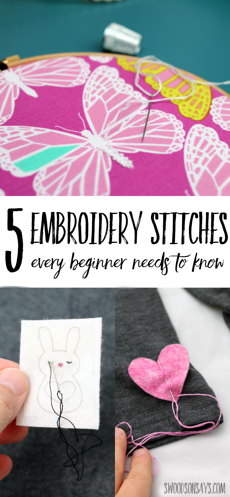 Check out the 5 basic embroidery stitches everyone should know. Perfect embroidery stitches for beginners, you can stitch all sorts of patterns with these embroidery tutorials! #embroidery #handsewing