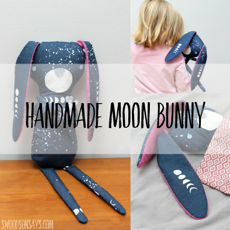 Love moon phases? You have to see this beautiful Monaluna organic fabric sewn into a sweet bunny with upcycled wool sweater ears!
