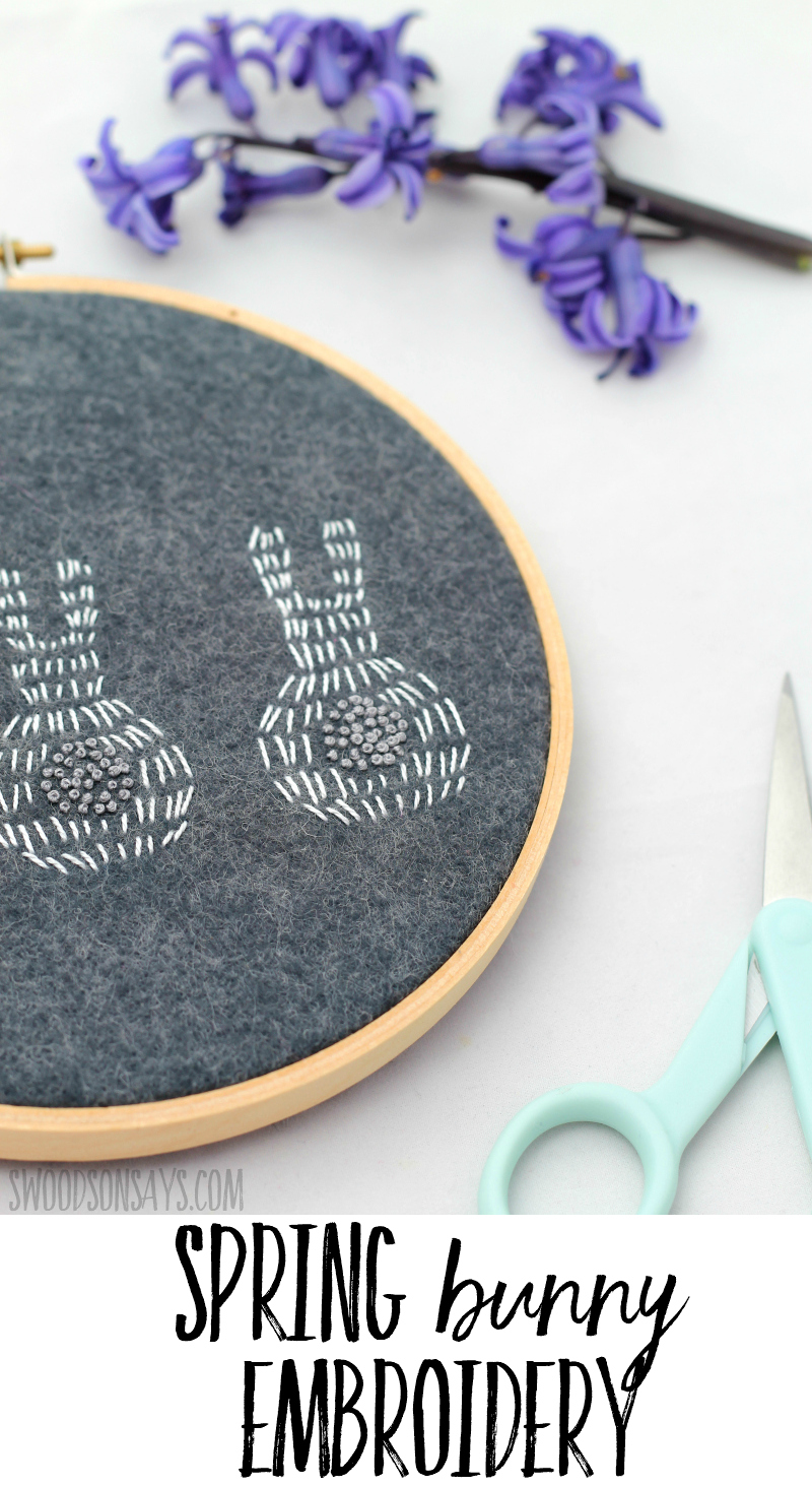 If you're looking for a spring needlework pattern, check out this simple stitching! This bunny embroidery pattern is fun to stitch and an easy embroidery pattern for beginners. Fun Easter embroidery too! #embroidery #bunny #rabbit #easter
