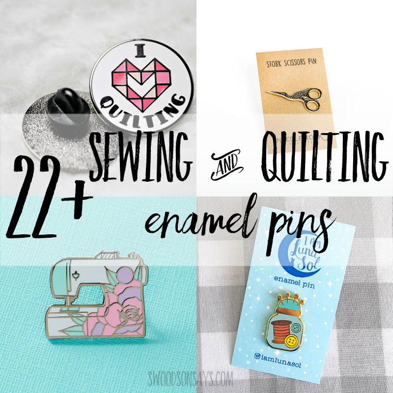 collection of sewing and quilting enamel pins