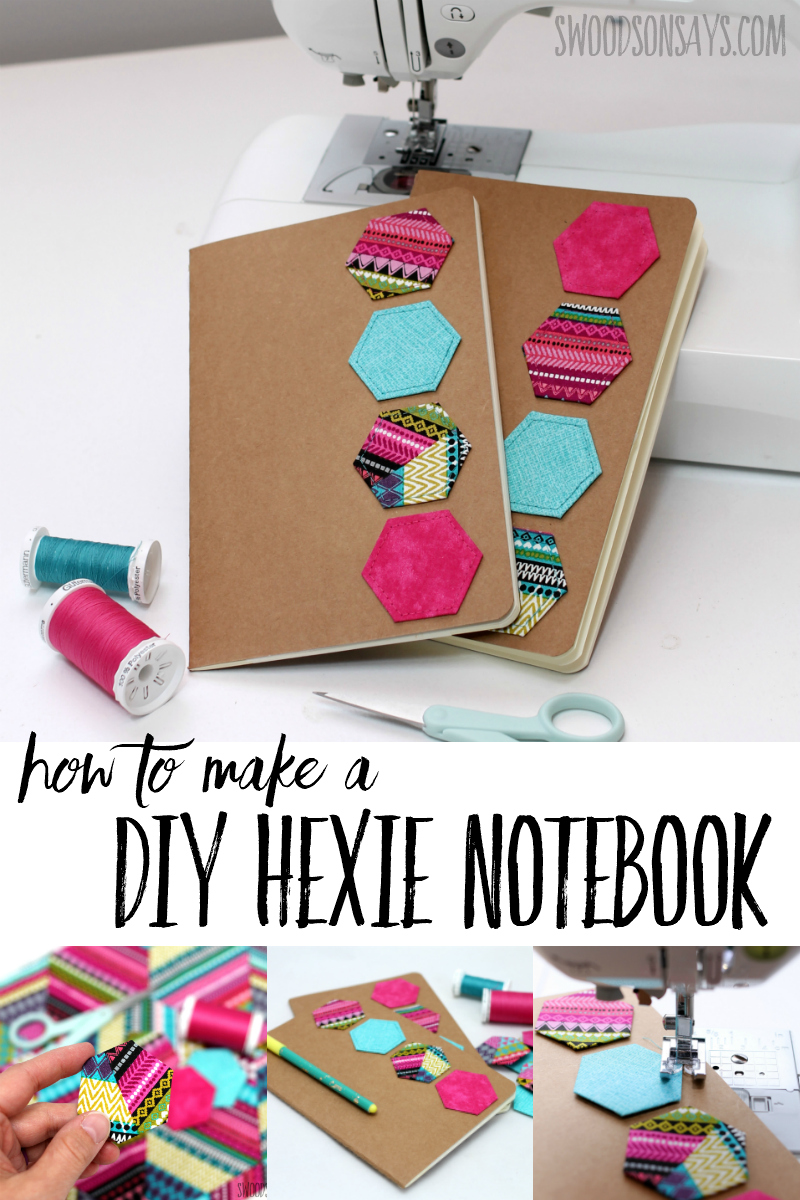 What a cute notebook diy with fabric scraps! Use up english paper piecing to make the hexagons and see the one thing I do differently to attach them. Super fun DIY mother's day gift! #paperpiecing #sewing #diy #crafts