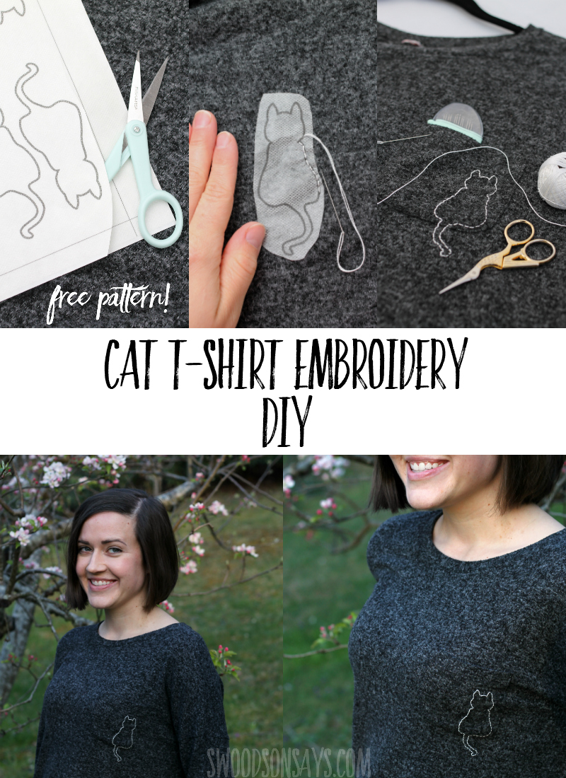 Crafty cat lovers rejoice - there is a free cat hand embroidery pattern and tutorial for how to stitch it on to a shirt! This t-shirt embroidery DIY is super easy with the magical material you'll print and stitch through, click through to see more. #embroidery #refashion #upcycle #sewing