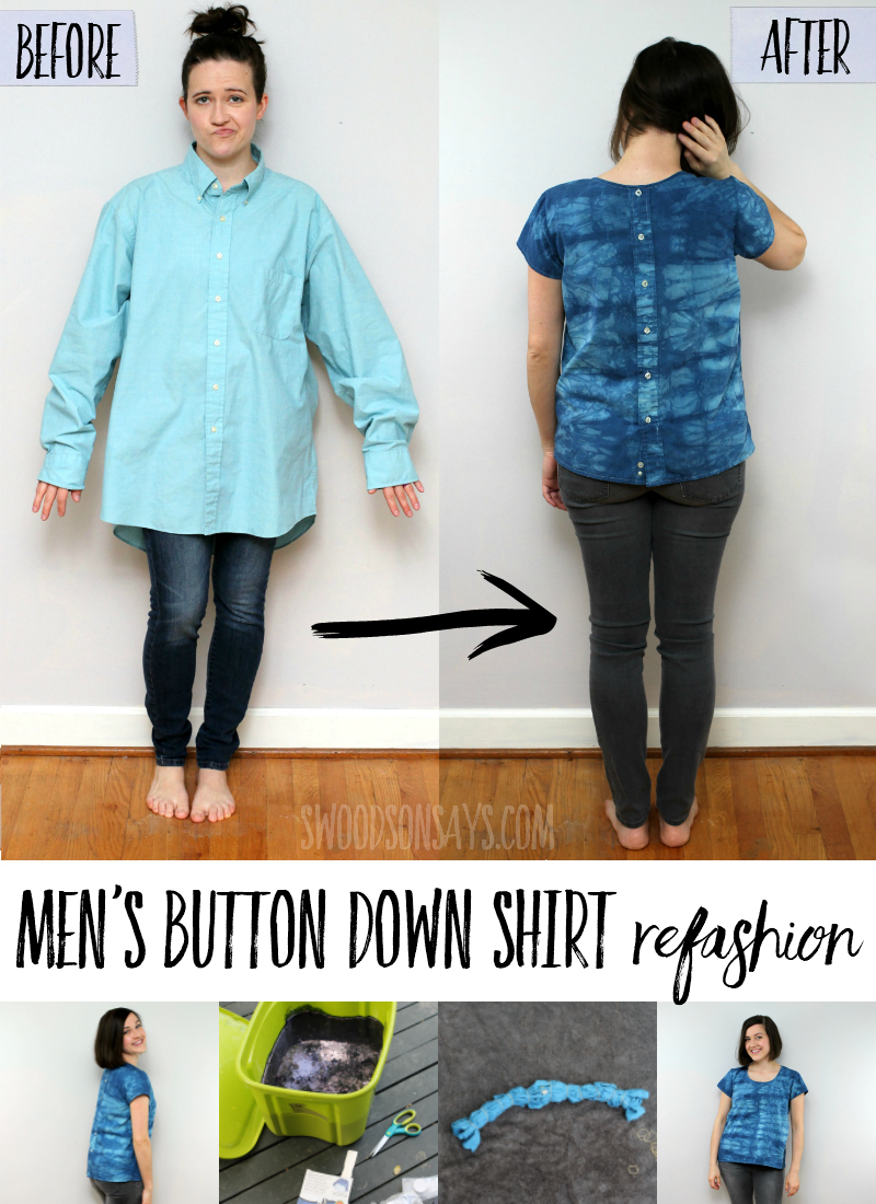  Check out this fresh mens button down shirt refashion! Flipping the buttons to the back and adding some indigo tie dye totally changed the look, taking this mens shirt to womans shirt refashion to the next level. Follow the simple mens shirt refashion tutorial to take a stained dres shirt and make it over into a trendy top. #refashion #upcycle #sewing #tiedye #indigodye #sewingforwomen 