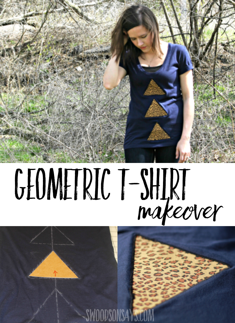 Looking for ways to jazz up a plain tshirt? This is a simple reverse applique trick that shows you how to add geometric details to a shirt. This easy t-shirt refashion is great for adults and teens, totally changing up the look and/or hiding stains. #refashion #sewing #tshirtmakeover #upcycle