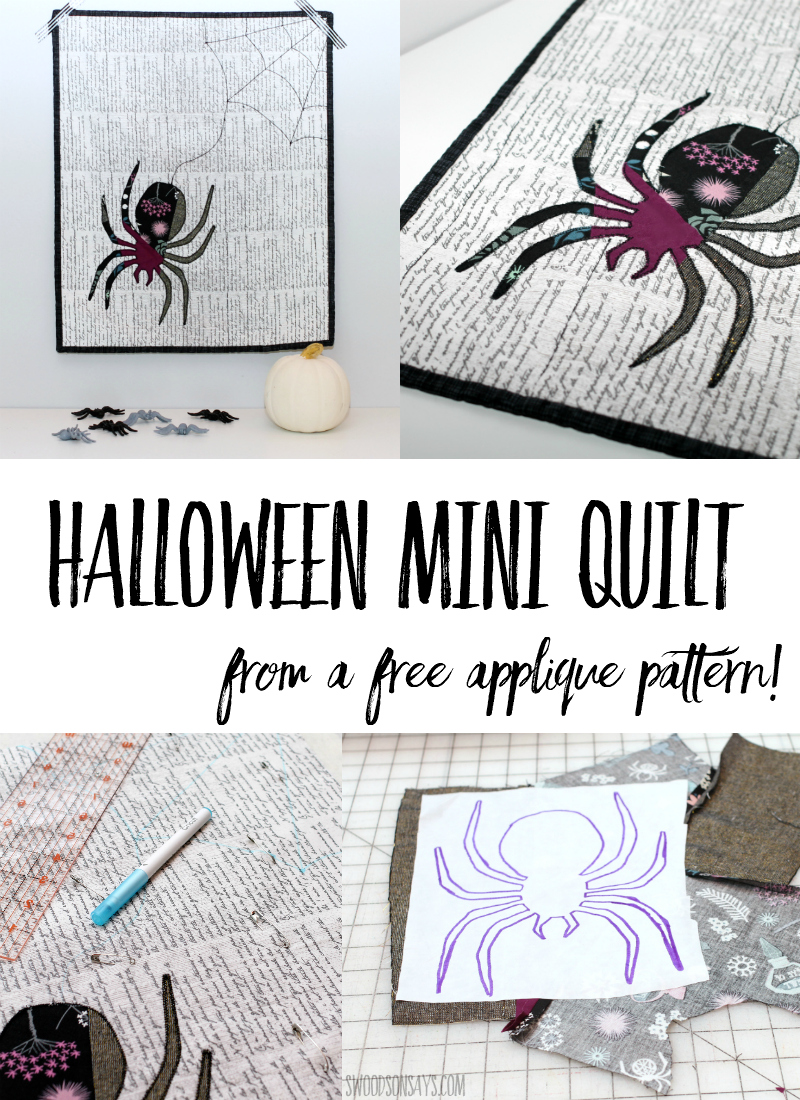 Sew up some modern DIY Halloween decor with this fun mini quilt tutorial! A scrappy applique spider from the free Seasoned Homemaker's pattern is easy to make. This Halloween quilt pattern idea is easy for beginners and fun to sew! #halloween #quilt #applique #sewing