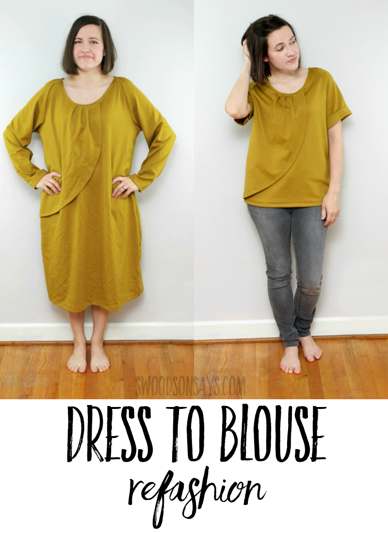 See how to refashion a too big dress into a trendy top with this sewing tutorial. Pictures show how this #refashion was made so you can do it yourself! #sewing #upcycle #crafts