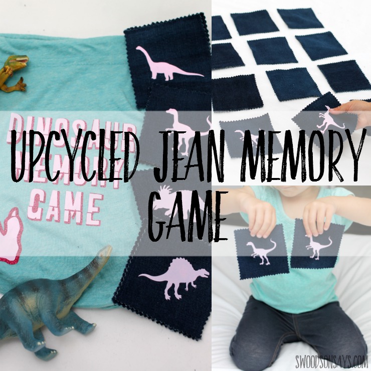 How to make a fabric scrap matching game - upcycled jean scraps make for a fun memory game and a Cricut cuts out iron-on designs super easily. Tutorial for how to make the simple matching game and links to the project on Cricut Design Space.