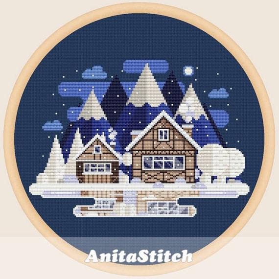 Winter cottage Winter hoop embroidery Winter Landscape cross stitch PDF cross stitch patterns Blue Landscape Winter Tiny House