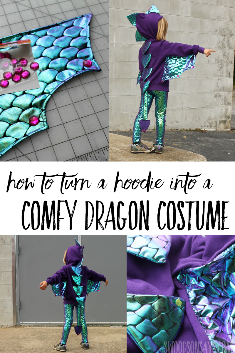 Sew up a diy dragon costume with this easy tutorial! Pretty 'scale' fabric makes it easy and your kids will be able to wear this way after Halloween is over. See how to sew dragon wings fast in this diy hoodie costume idea. #ad #handmadewithjoann #halloween #sewing