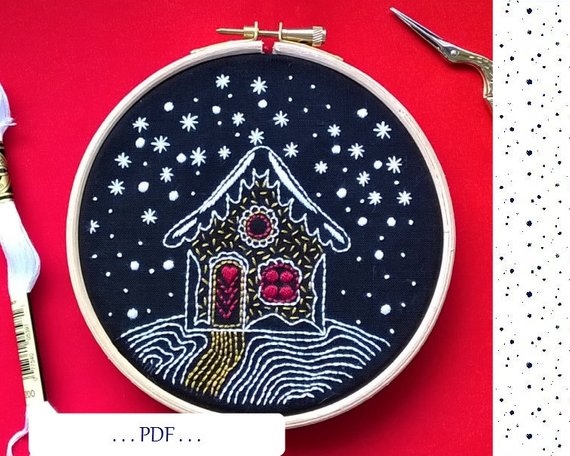 snow cottage hand embroidery pattern