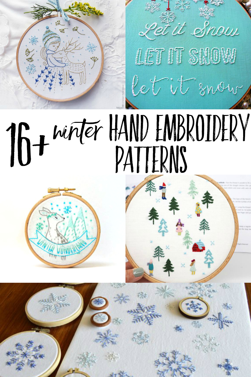 Curl up and get cozy with a winter hand embroidery pattern! This is a curated list with modern hand embroidery designs featuring winter weather, ice skates, woodland creatures, and pine trees! #handembroidery #embroidery #crafts #hygge