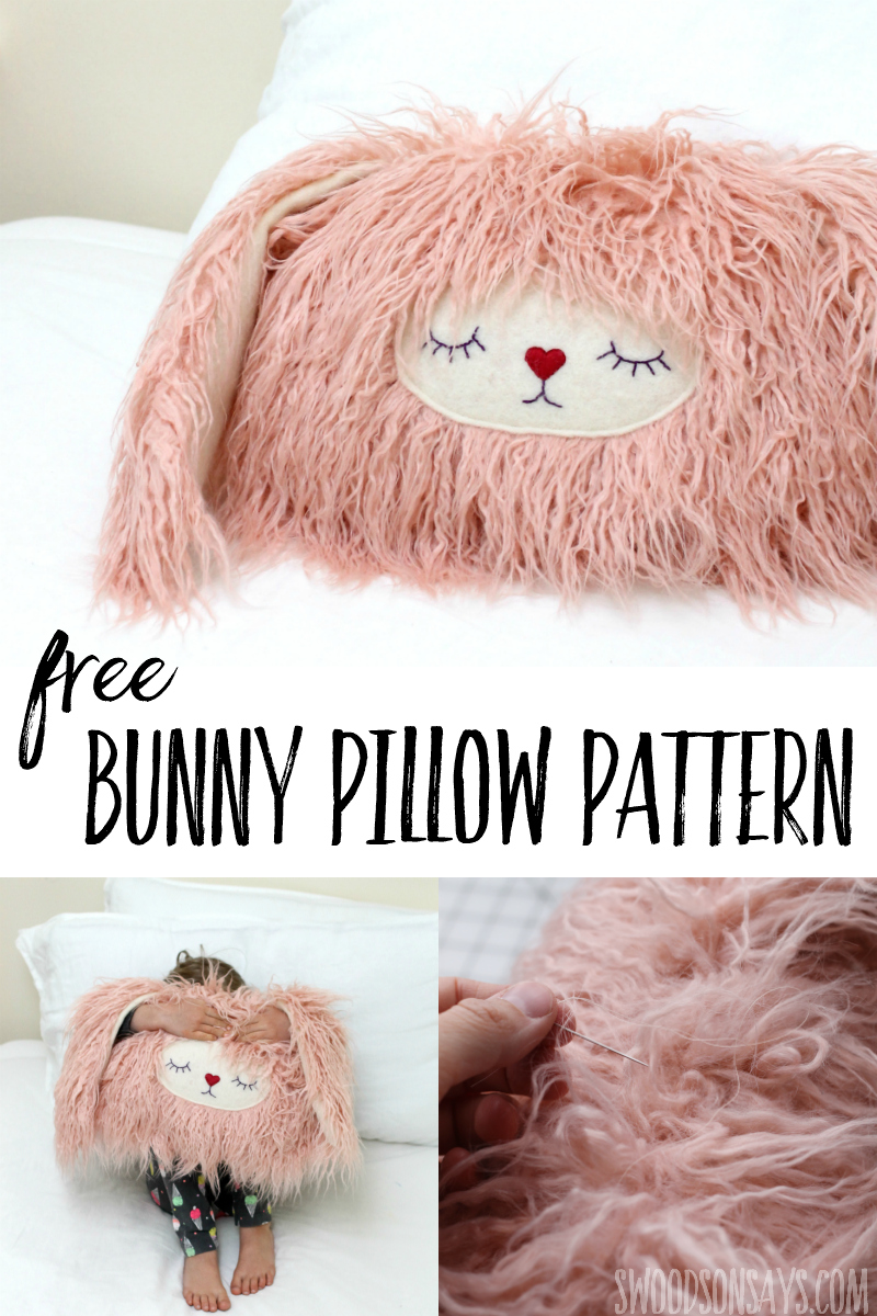 Download this free bunny pillow pattern and snuggle up this winter! This is a fun faux fur sewing tutorial that is perfect for winter - your kids will love this free stuffed animal sewing pattern! #sewing #hygge