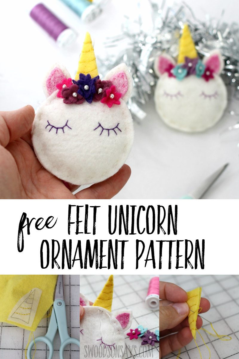 Stitch this free felt unicorn ornament pattern for Christmas! Photo tutorial for how to hand sew this adorable decoration; made from felt it isn't breakable and easy to make. #handembroidery #christmas #unicorn #ornament