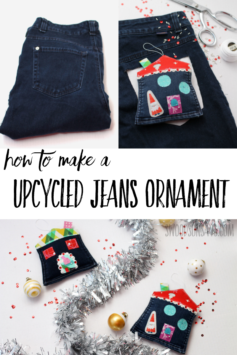 Make a cheap DIY Christmas ornament with this fun sewing tutorial! Upcycle a jeans pocket into a sweet little Christmas house and make a cute village on your tree! #sewing #upcycle #christmasornament