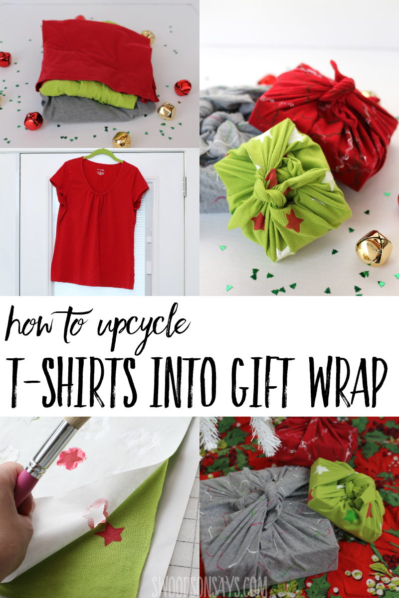 Upcycle a stack of old t-shirts into eco-friendly gift wrapping! Photo tutorial & video for how to make furoshiki from old t-shirts. Three different decoration methods shared, too! #upcycle #christmas #ecofriendly #crafts