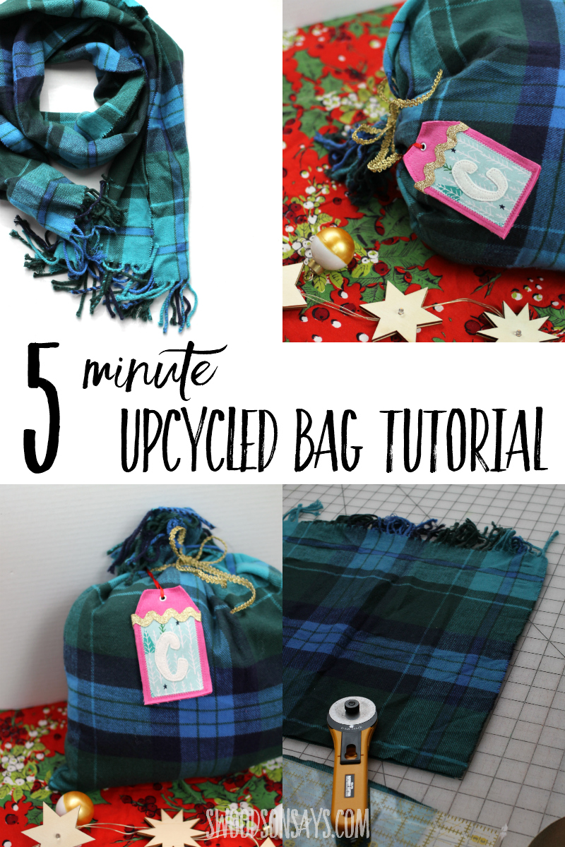 Sew this upcycled gift bag in 5 minutes with an old scarf and some ribbon! Great sewing project for beginners with a photo tutorial or simple inspiration for experienced sewists. #sewing #upcycle #christmas