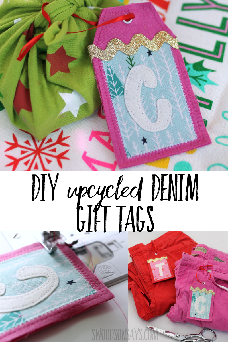 Make reusable gift tags this year and skip the paper! Download the free gift tag pattern and upcycle some old jeans to make these festive tags. You can alter these to be no sew without too much trouble as well! #upcycle #christmas #ecofriendly #gift #giftwrap #sewing