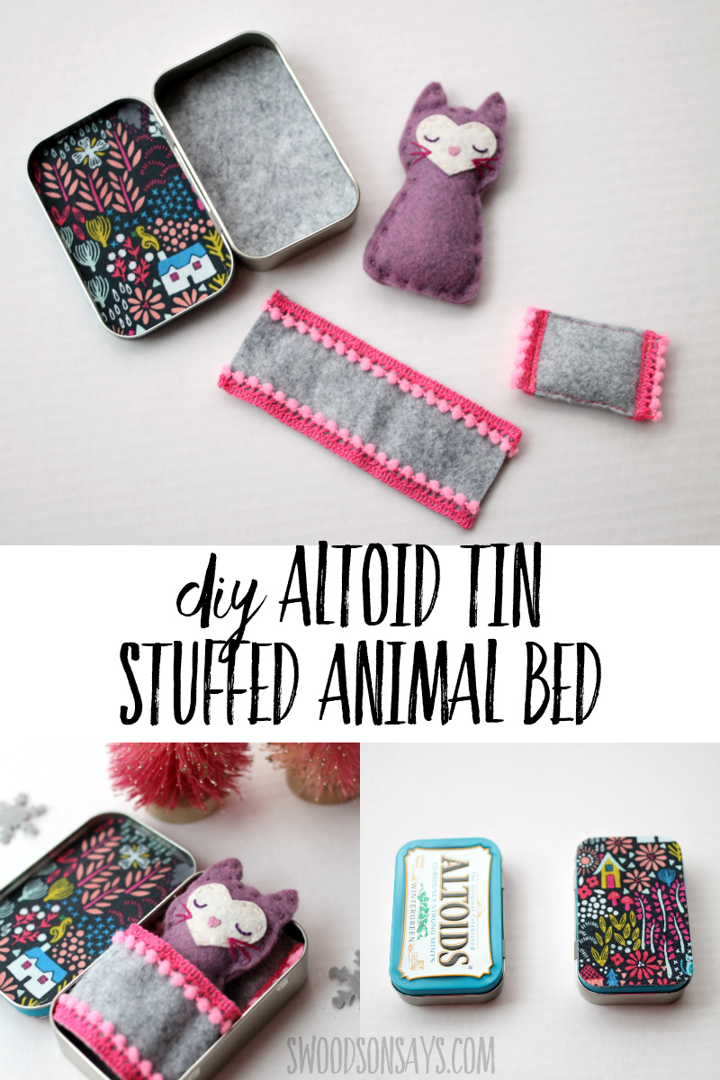 Upcycle an old altoids tin into a fun little sleeping spot for a felt toy! Download the free felt cat pattern as well and make a fun upcycled toy.