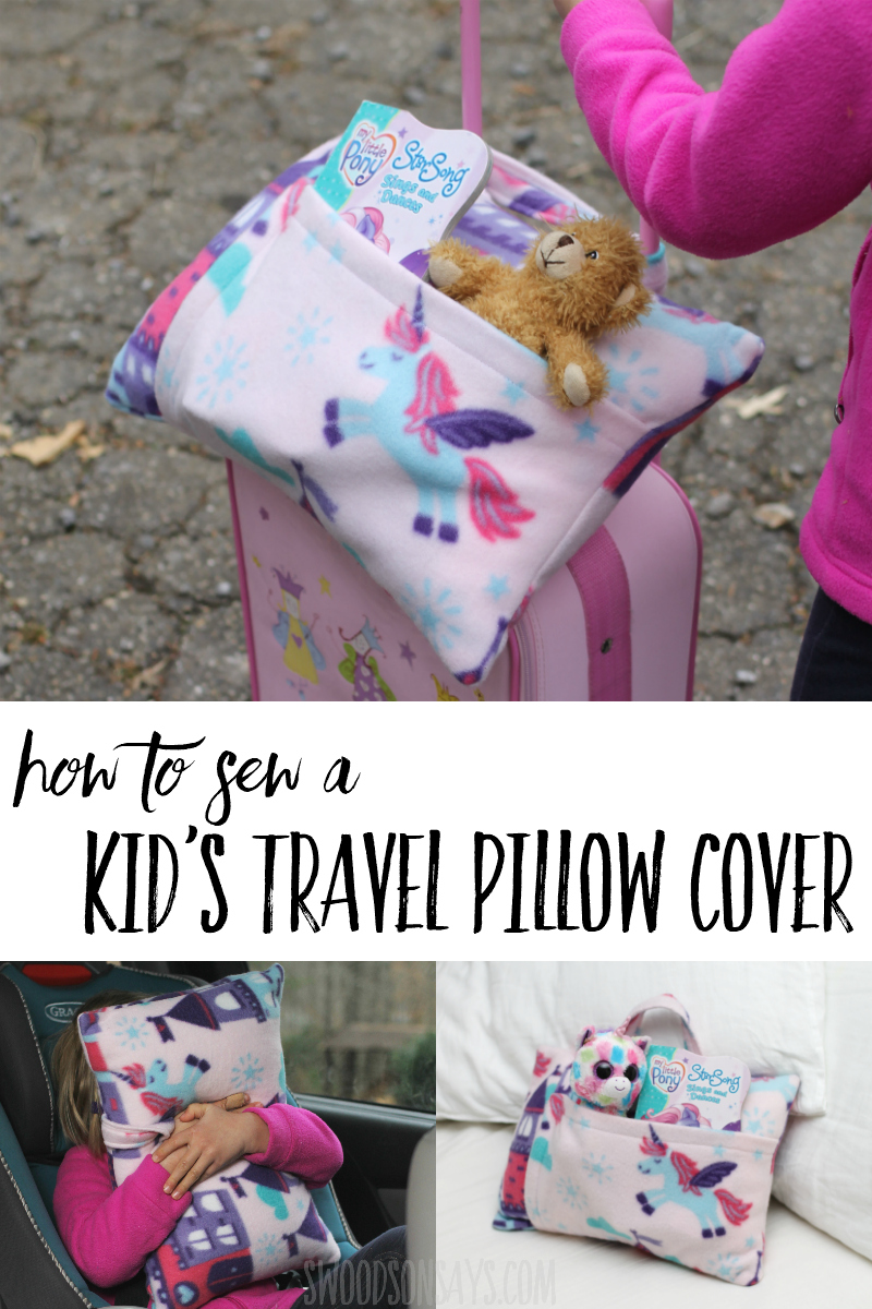 See how to sew a travel pillowcase in this easy fleece sewing project. Photo tutorial with travel pillow dimensions - sew one up with a handle and pocket, perfect for traveling with kids. #sewing 