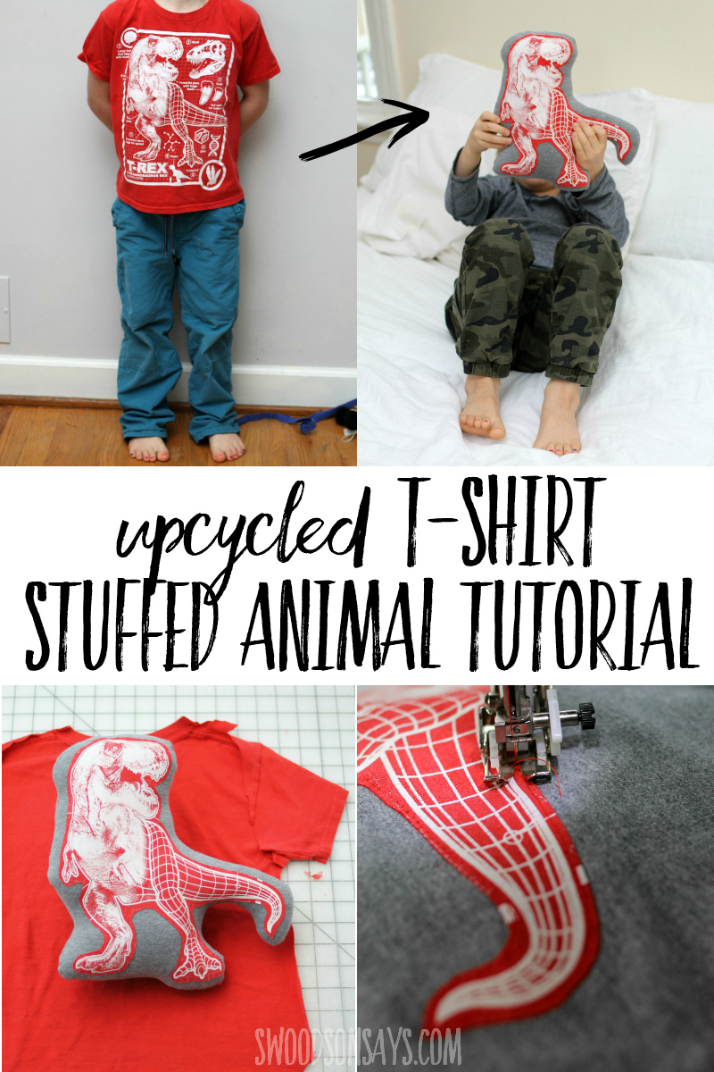 Sew a stuffed animal from an old t-shirt with this easy upcycle sewing tutorial! This is the easiest way to make a soft toy and kids will love seeing their favorite tshirts turned into snuggle buddies. #sewing #upcycled #stuffedanimal