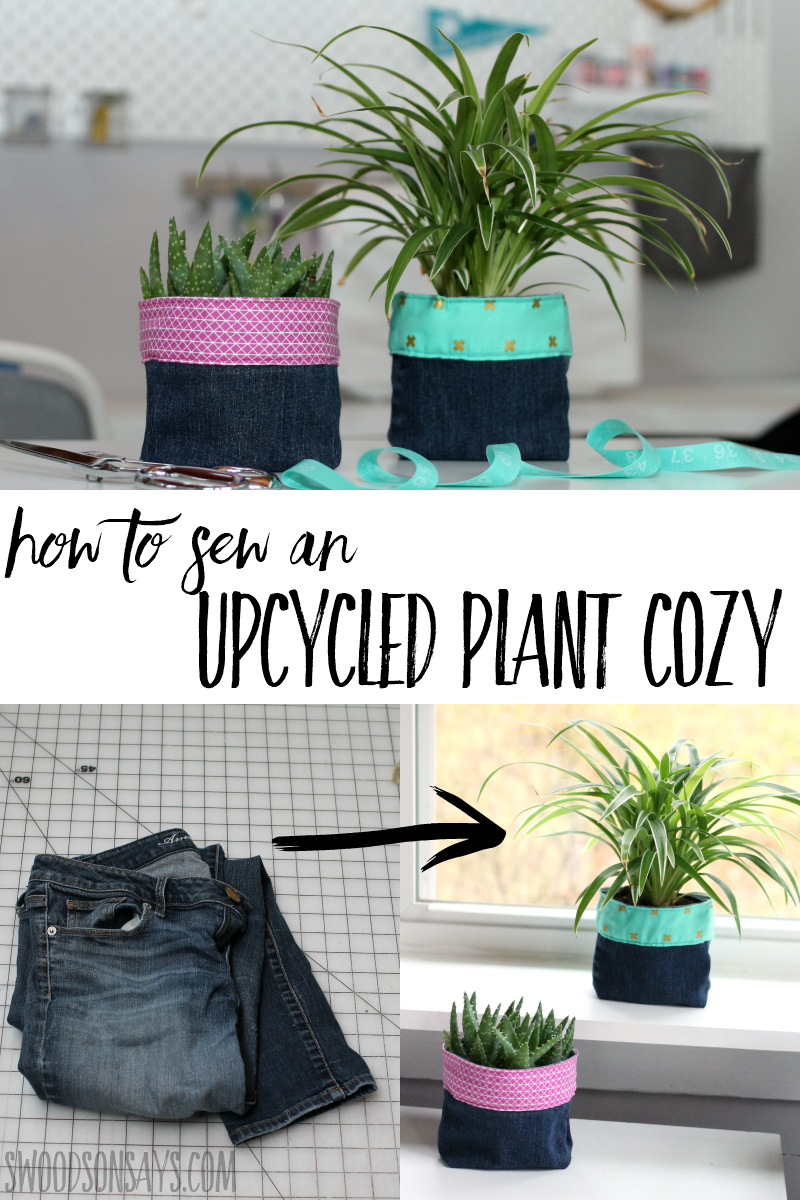 Upcycle jeans into a trendy plant cozy! This is a fun diy gift for a teen or adult, and can easily be customized for different decor or holiday seasons. Follow the photo sewing tutorial for this upcycle gift! #upcycle #handmadegift #plants #sewing