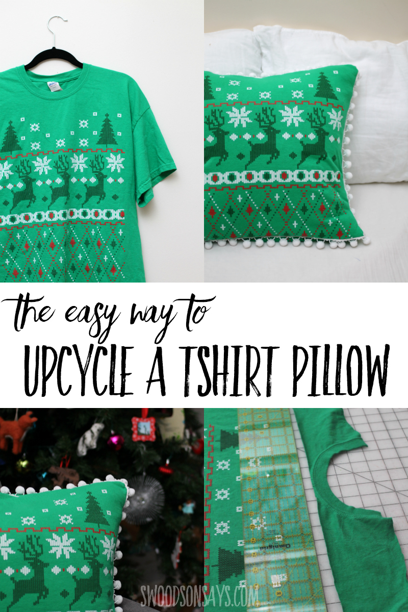 See the easy way to turn a t hirt into a pillow with this quick upcycle sewing tutorial! Save a meaningful t-shirt or simply add some cheap decor with this beginner sewing project. #sewing #upcycle #crafts