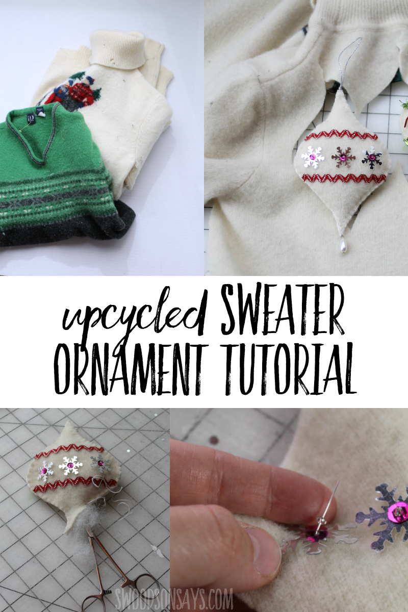 Sew inexpensive Christmas ornaments out of old sweaters with this free pattern and tutorial! Fun upcycled Christmas craft with a printable template. 