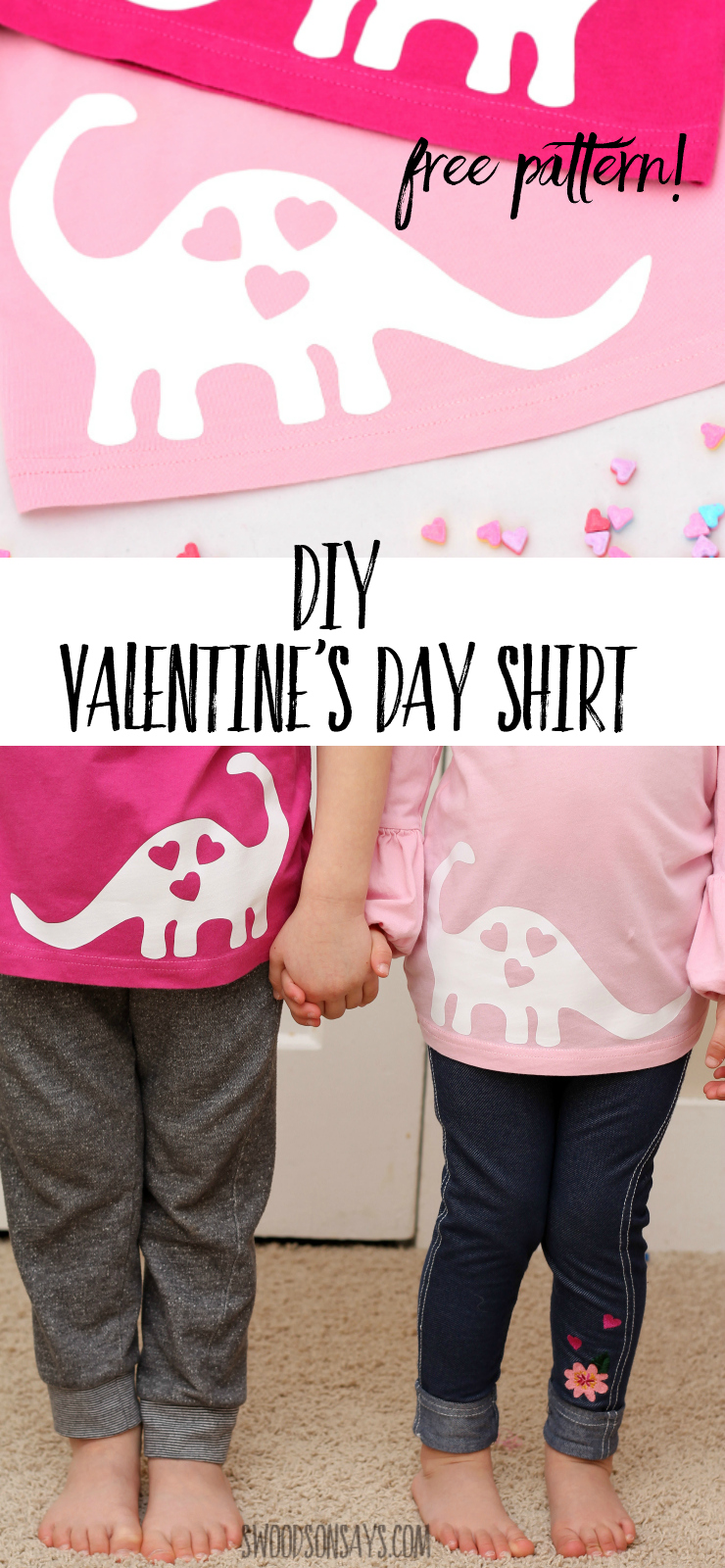 Need a fast Valentine's Day DIY shirt idea? Use this free dinosaur applique pattern and you'll be set! Use iron-on and a cutting machine or freezer paper & paint, either way you'll be done in 15 minutes. Perfect DIY tshirt for dinosaur lovers! #valentinesday #diyvalentine #diyvalentinesdayshirt