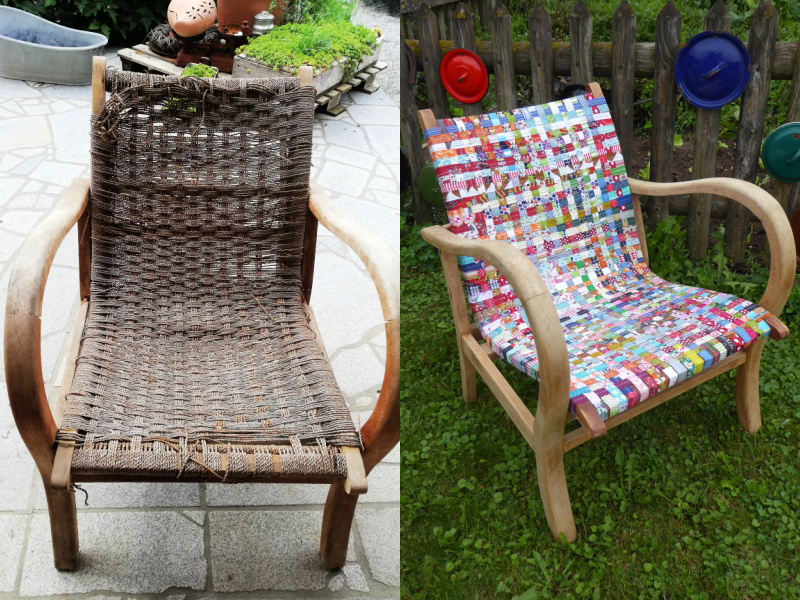 woven fabric scrap chair upcycle
