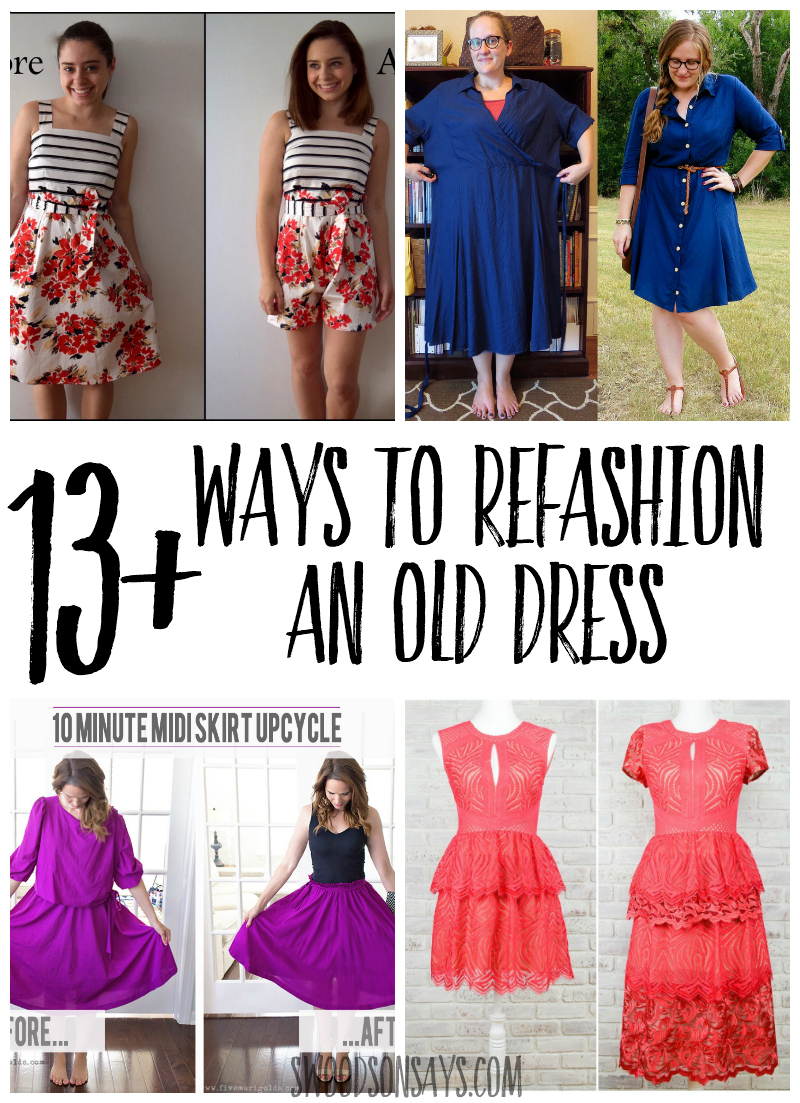 A collage of before and after dress refashion pictures