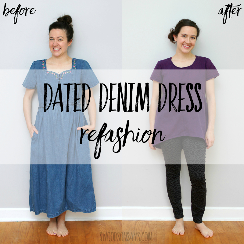 Dated denim dress refashion to tunic top