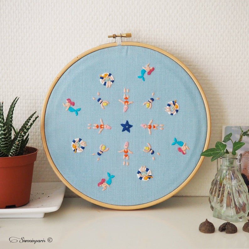 swimming pool ocean hand embroidery pattern