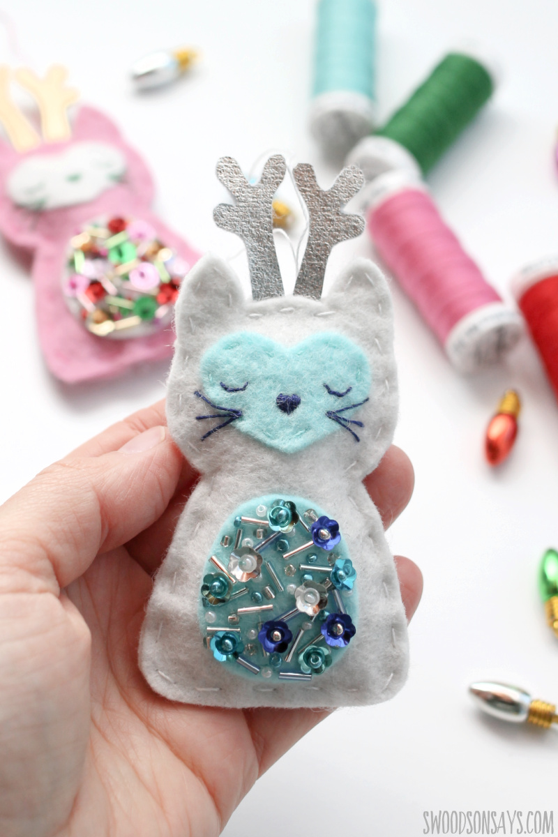 sequin and beaded cat ornament diy
