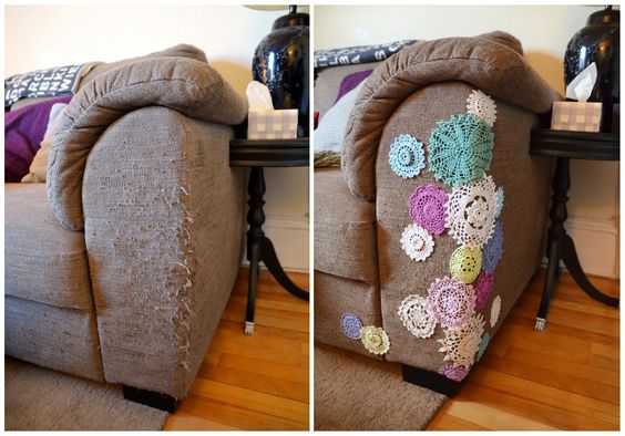 Got holes worn into your couch? No problems for a vintage lover who has  added doileys to patch/repair the damage!