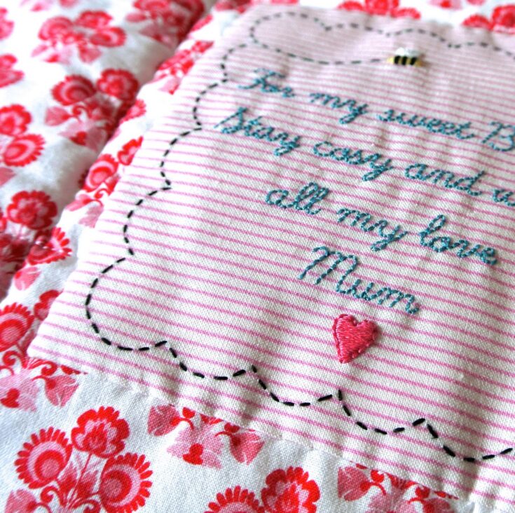 hand embroidered quilt label bee
