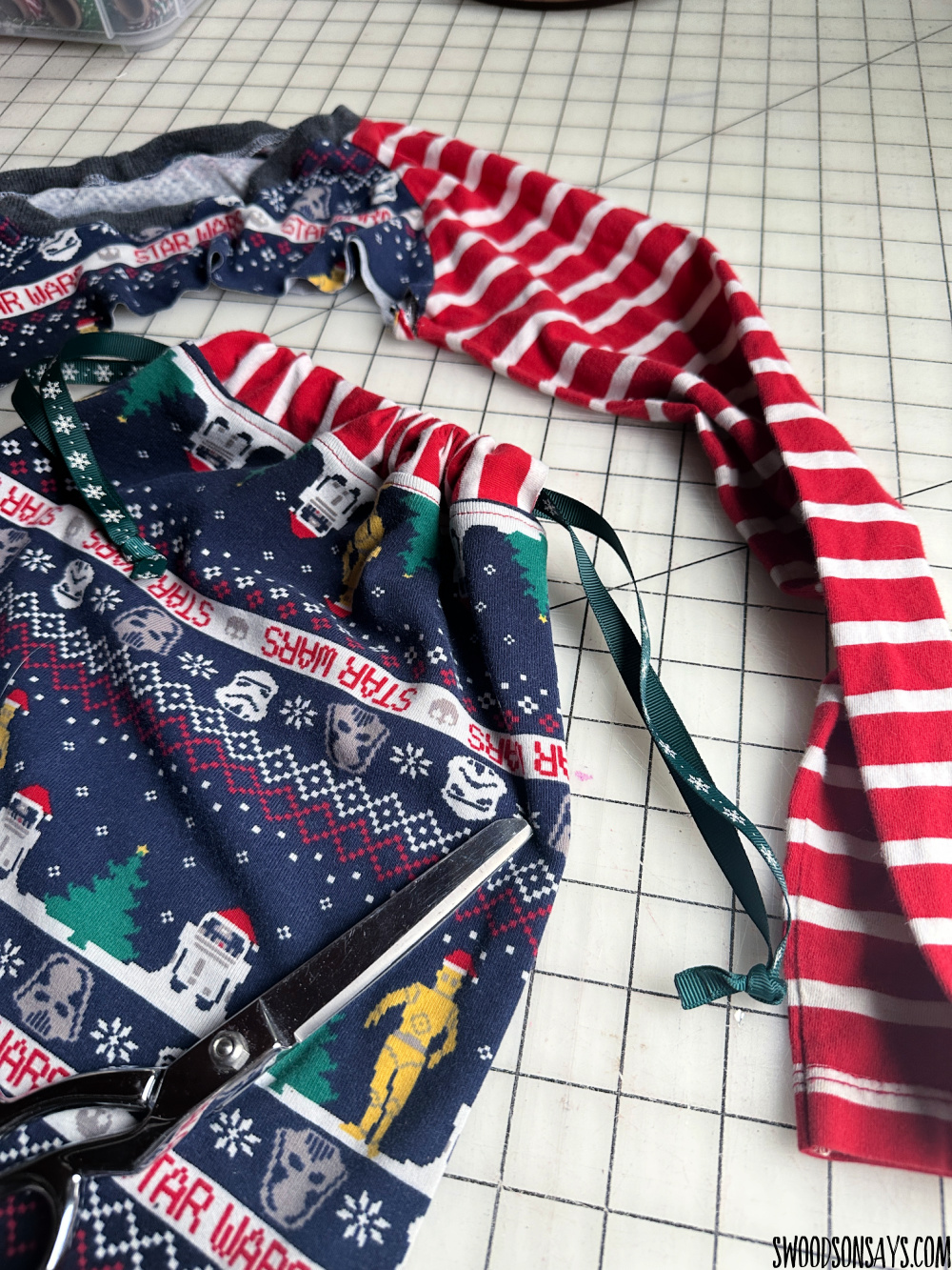 upcycled christmas fabric gift bag idea