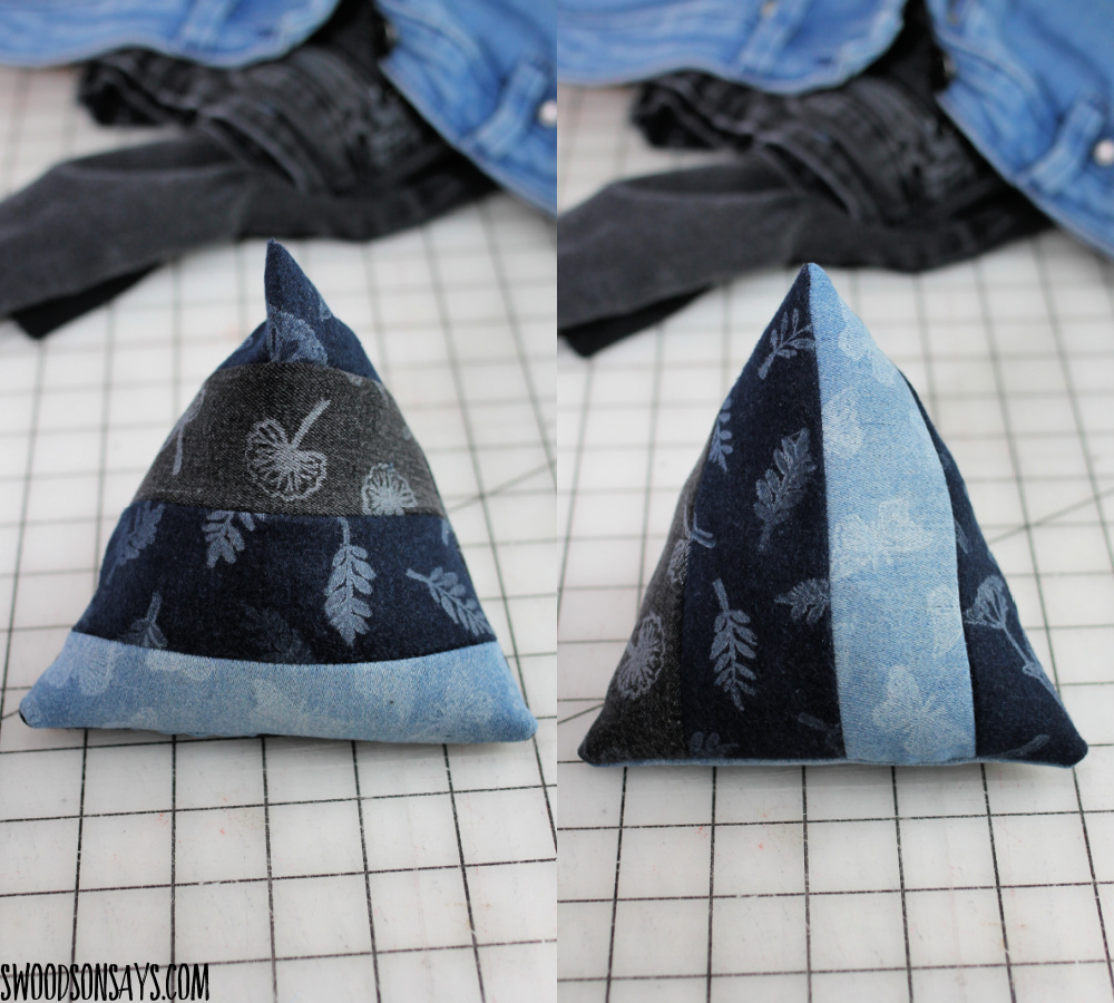 how to sew an upcycled denim pincushion
