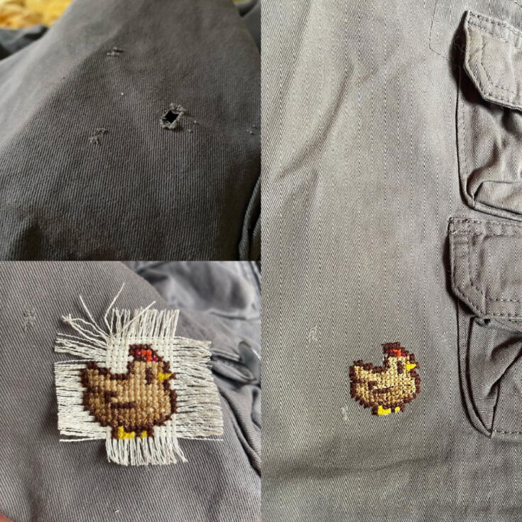mending a hole with cross stitch