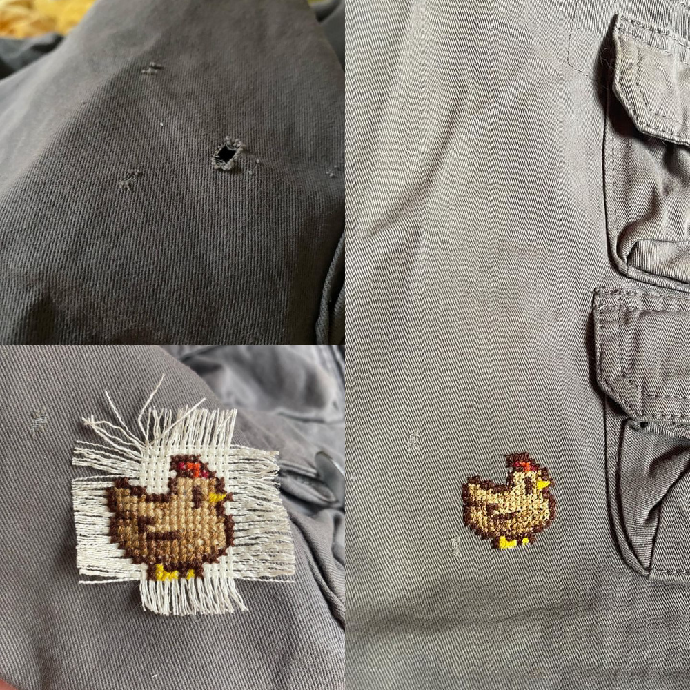 mending a hole with cross stitch